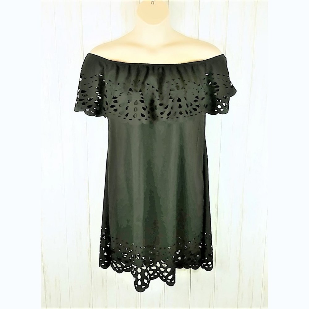 Volup Black Off-Shoulder Mini Dress Coverup Cut-Work Trim Sz XXL Vacay Beach